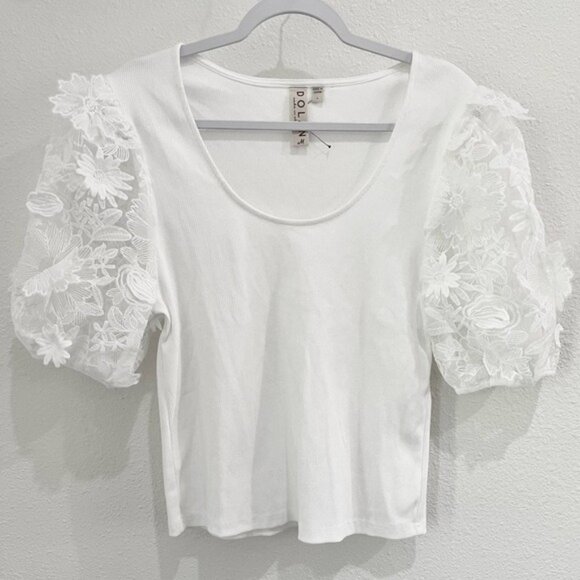 New Anthropologie Lace Embroidered Top Feminine Ribbed Boho Puff Sleeve Coquette - Picture 1 of 6